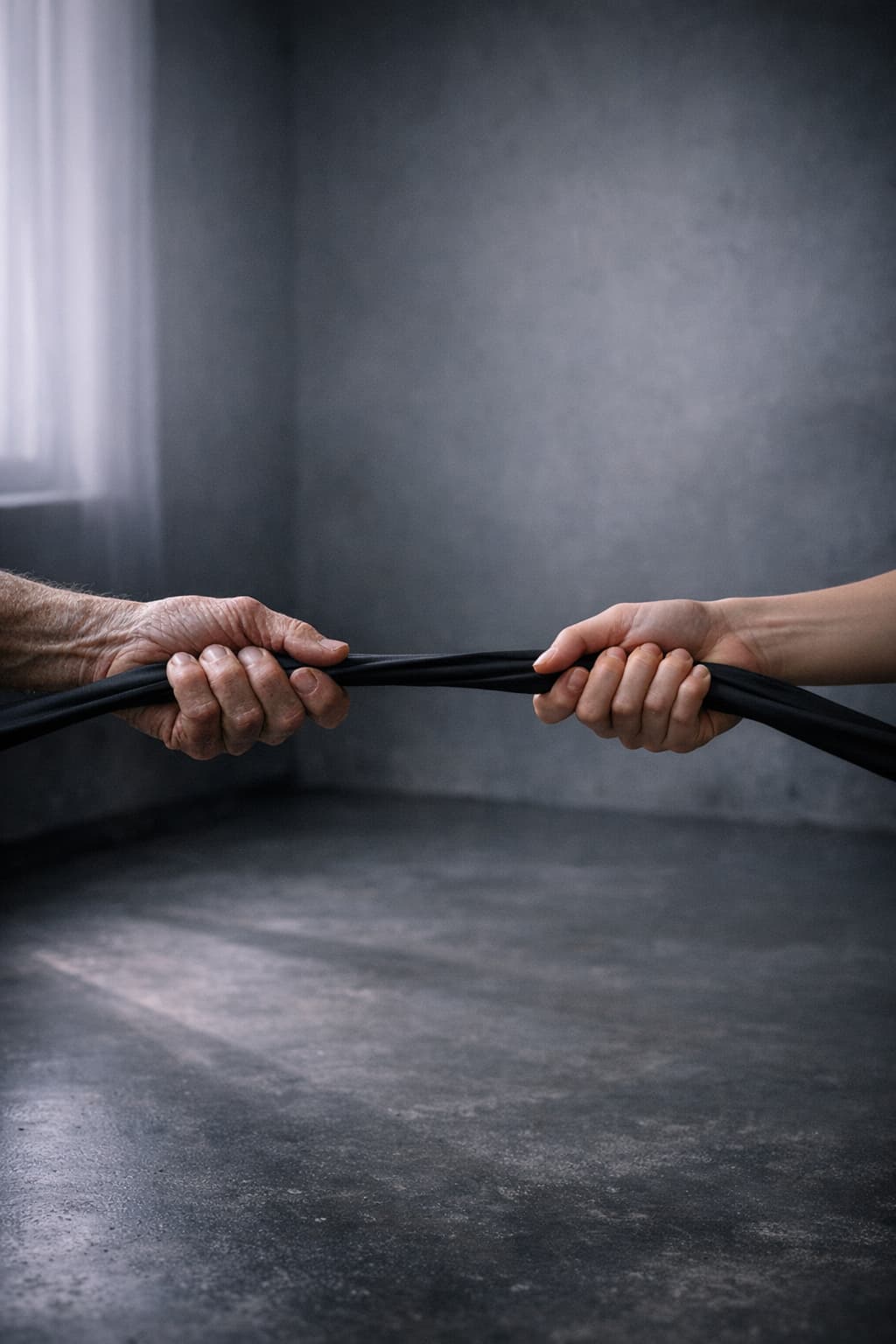 Two pairs of hands — one young, one elderly — gripping a resistance band together in a minimalist charcoal-toned fitness studio, symbolizing connection through movement at Saare Fitness.