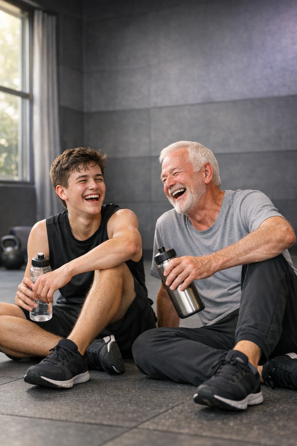 A young person and an older adult laughing together on a gym floor after a workout, surrounded by a charcoal-toned modern fitness studio with soft natural light.