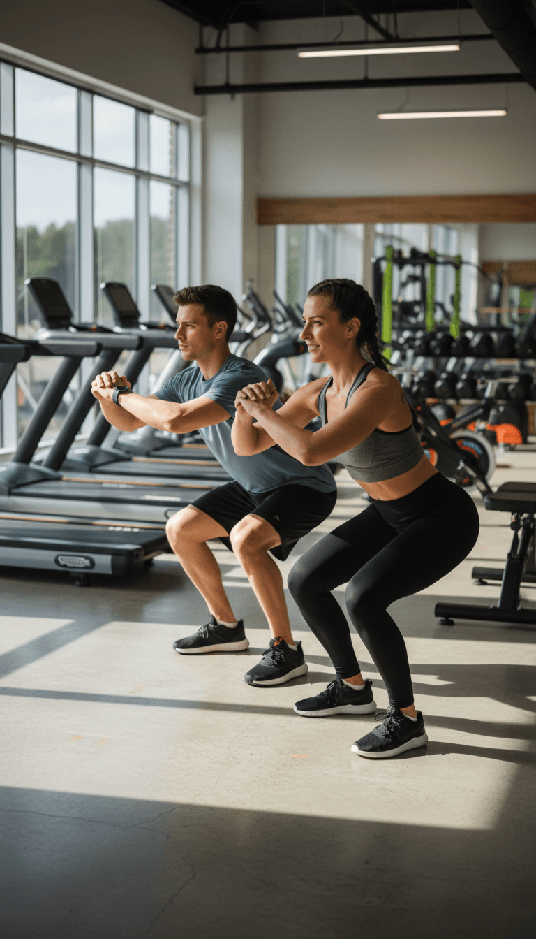 Personal trainer demonstrating exercise form to client in bright fitness studio