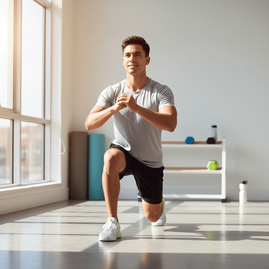 Young person performing bodyweight exercise in fitness studio